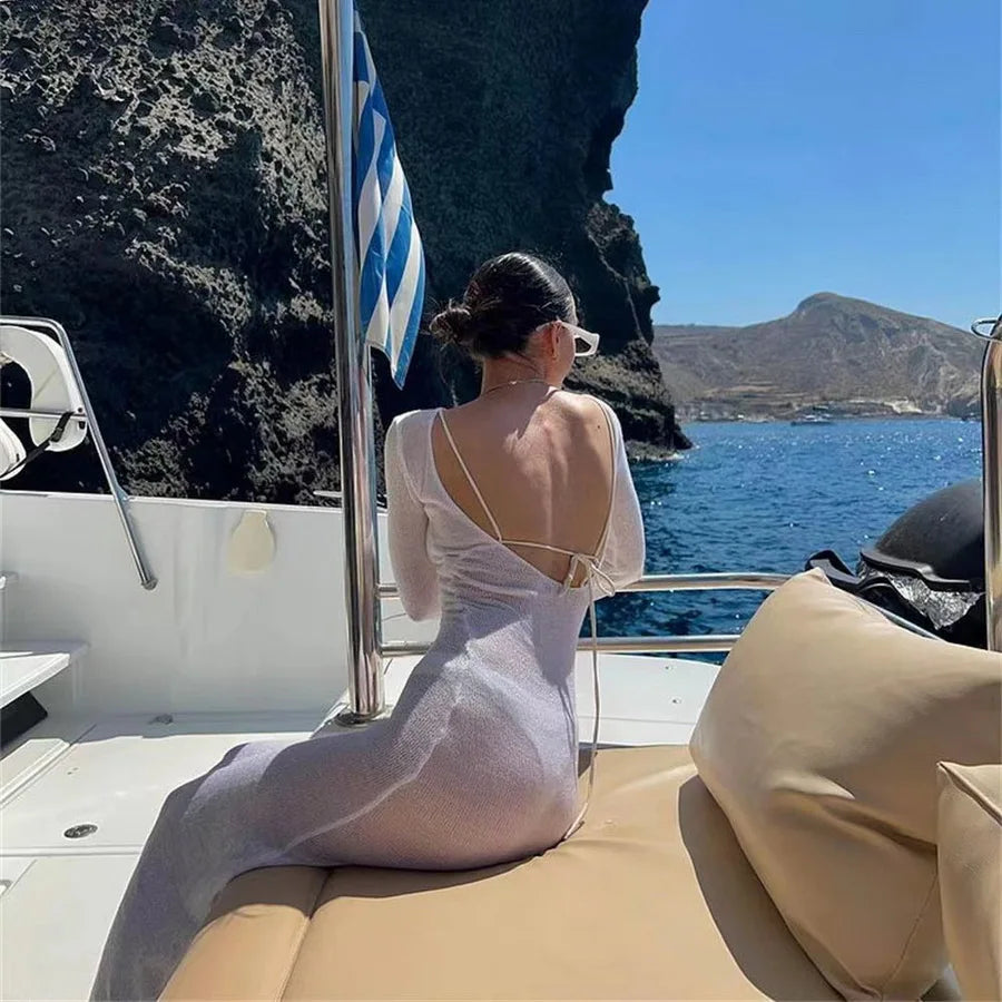NEW Black/White Color UK Size Chiffon Bikini Cover Ups Beachwear Beach Outfits for Women Beach Maxi Long Dress Backless Women Swimsuit See Through Covers