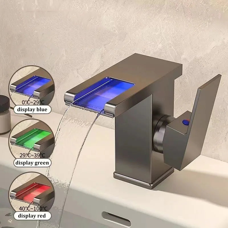 NEW Arrivals Luxury Basin Waterfall Style All-Copper LED Light Luminous Faucet Bathroom + 80cm Hot Cold Pipe Above Counter Basin Household Hot and Cold Water Faucet