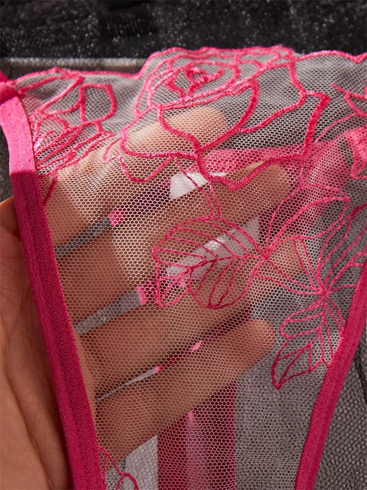 Sexy Rose Embroidery Underwear Tulle Transparent Bra Set Women Fancy Lingerie 2 Pcs Hollow Rose Red Lace Intimate Underwear