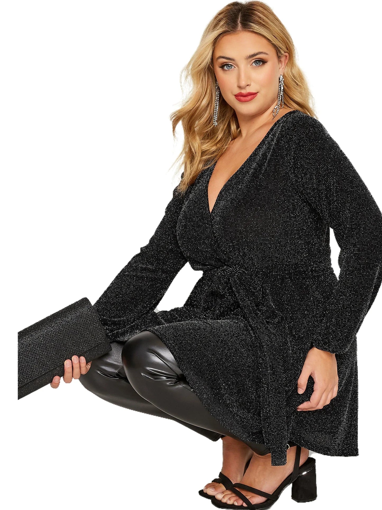 2XL-8XL UK Plus Size For Curvy Ladies Elegant Spring Autumn Wrap Top Women Long Sleeve Sexy V-Neck Black Glitter Blouse Sashes Waist Plus Size Clothing