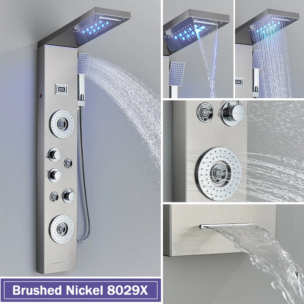 Silver Nickel and Black Color Luxury Massage Spa Shower Column LED Lights Rainfall Bathroom Faucet with Massage Jet Bath Panel System  5 Modes Waterfall Hot Cold Mixer Tap Home Hotels Bathroom Supplies