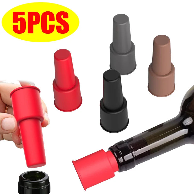 5 PCS Set Silicone Wine Stoppers Flexible Silicone Beverage Bottle Sealer Portable Wine Beer Glass Bottle Sealers Vacuum Keep Fresh Plug Bar Pubs Restaurants Hotels Tools
