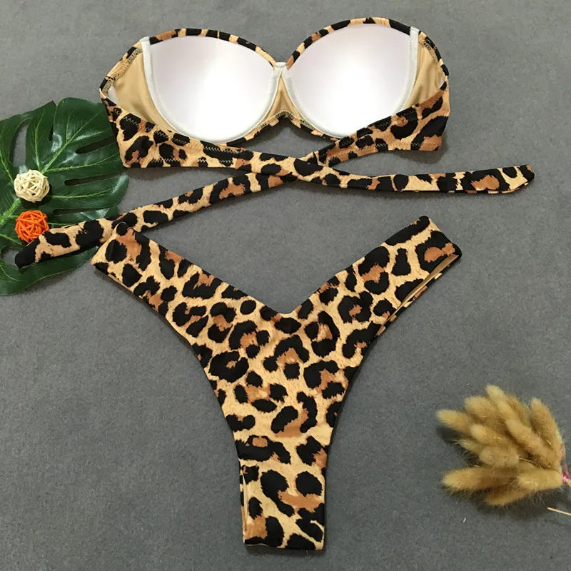 Sexy Leopard Bikini Push Up Bandeau Swimsuit Female Swimwear Women Thong Bikinis Set Bather Beachwear Bathing Suit Pool