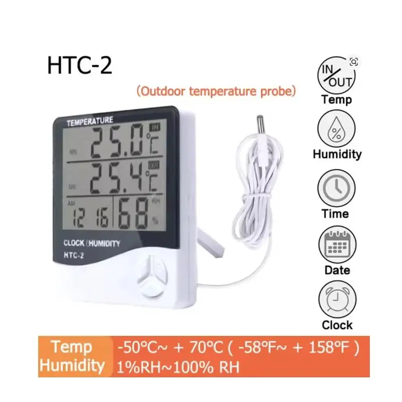 LCD Digital Temperature Humidity Meter HTC-2/HTC-1 Home Indoor Outdoor Garden Hygrometer Thermometer Weather Station with Clock Household Home Supplies