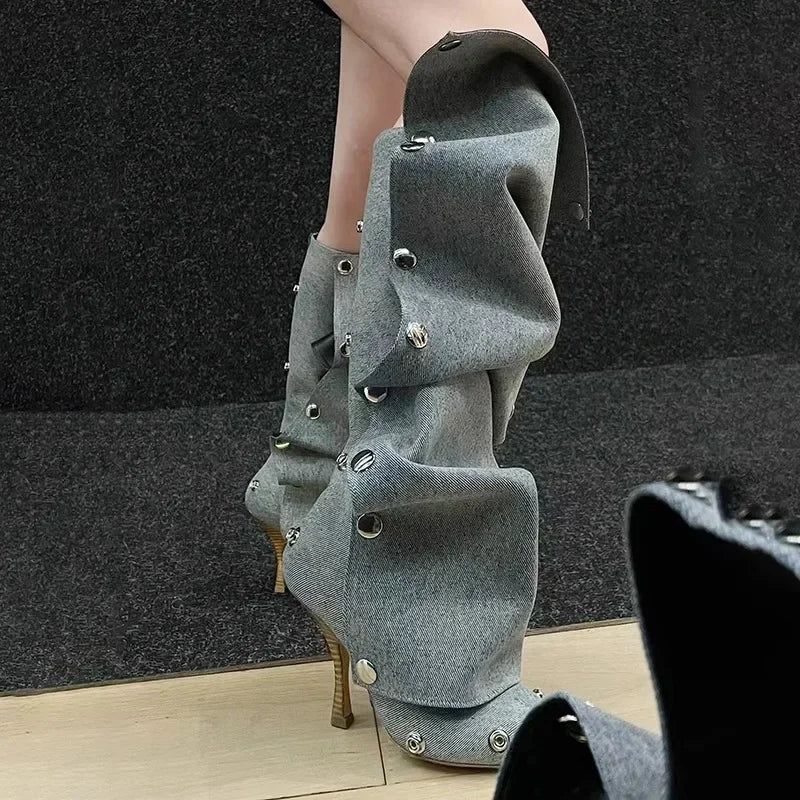 Just Arrived 7 Colors High Heel Long Boots for Women Botte Winter Boots Shoes Botas Mujer Thin Heeled Pointed Leather Denim Metal Button Shoe s Women Casual Apparel Accessories