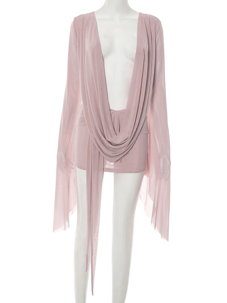 Just Arrived 8 Colors Women Coquette Backless Dress Wild See Through Irregular Halter Bell Sleeve Sexy Midnight Clubwear Evening Beach Party Vacation Bodycon