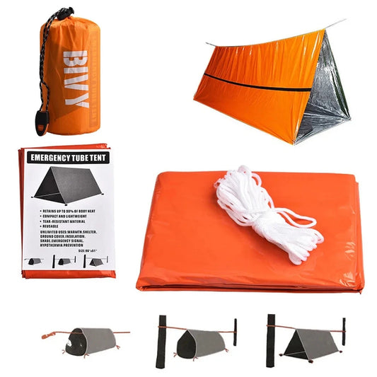 2 Person Emergency Shelter Survival Tent Kit Mylar Tube Tent Sleeping Bag Waterproof Outdoor SOS Thermal Blanket Reusable Travel Camping Survival Supplies