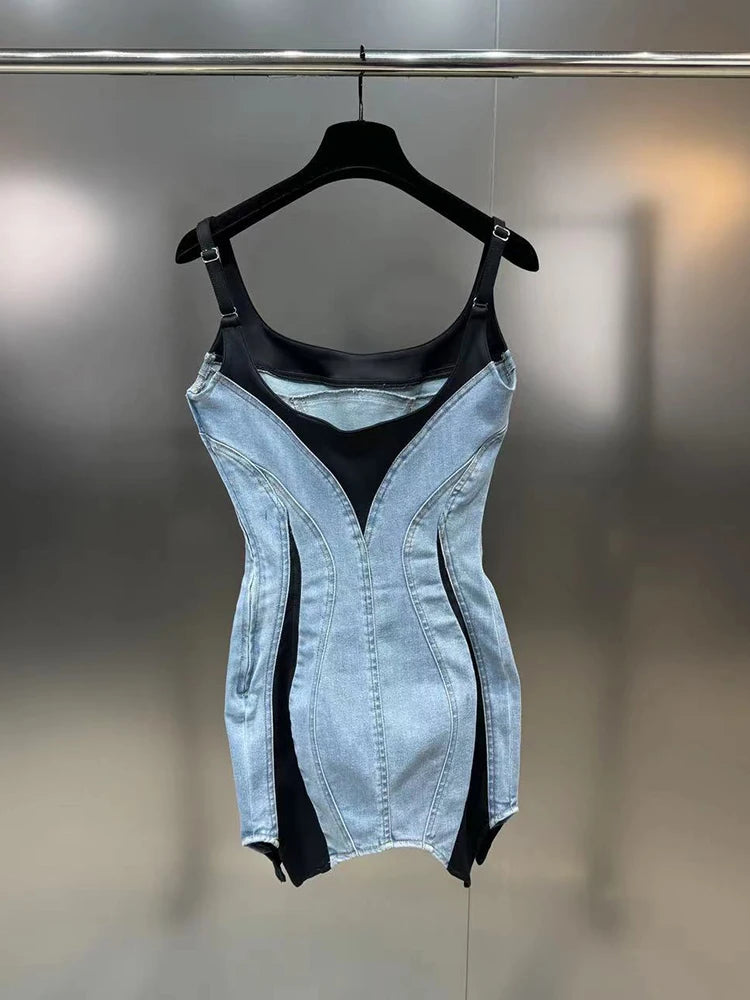 New Arrivals Fashion Women's Ladies Patchwork Elastic Denim Sling Dress Spring Autumn Trendy Sleeveless Wrap Hip Dresses Female 11XX8995 Female Girls Casual Fashion Clothing Supplies