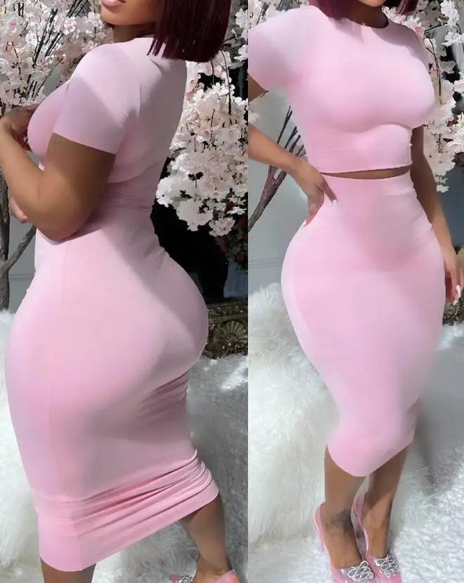 Women 2PCS Sets Elegant Sexy Evening Beach Party Night Club Outfit Short Sleeve Top & High Waist Skirt Set New Fashion Summer Casual Female Suit Ladies Girls Fashion Clothing Supplies