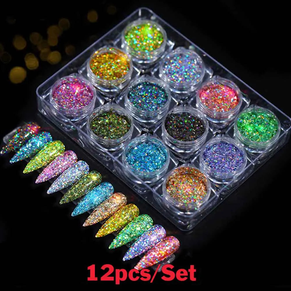 Set Sparkly Holographic Fine Sugar Nail Powder Diamond Chrome Pigment Dust For Gel Polish Glitter Manicure Accessories