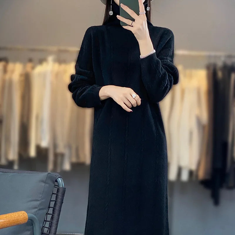 4 Colors 100% Pure Cashmere Dress High Collar Women's Winter Warm New Style Slimming Fashionable Versatile Loose Wool Long Dress