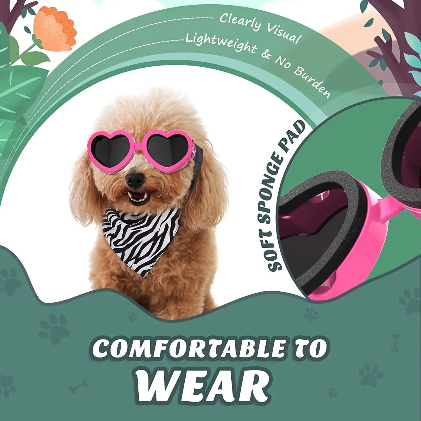 Small Dog Sunglasses UV Protection Goggles Eye Wear Protection with Adjustable Strap Doggy Heart Shape Anti-Fog Sunglasses