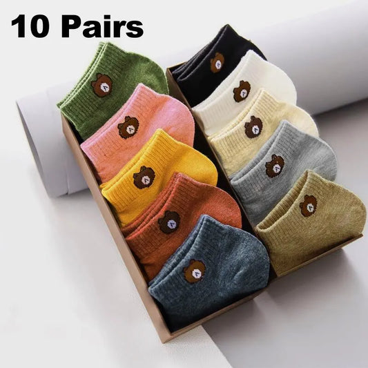 10 Pairs Women Low Tube Socks Set Cute Bear Pattern Fashion Breathable For Female Casual Style Comfortable Socks