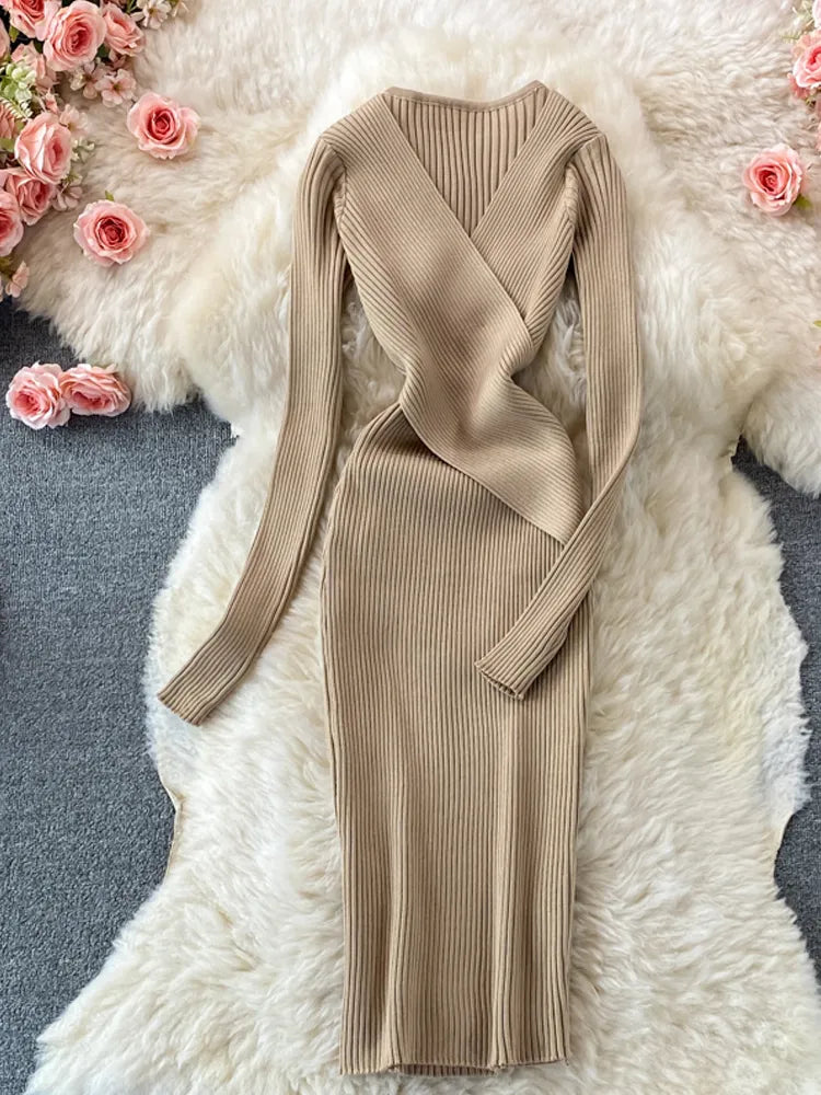 YuooMuoo Autumn Winter 2023 Women Dress Elegant Cross V-neck Slim Waist Knitted Bodycon Dress Korean Office Lady Vestidos