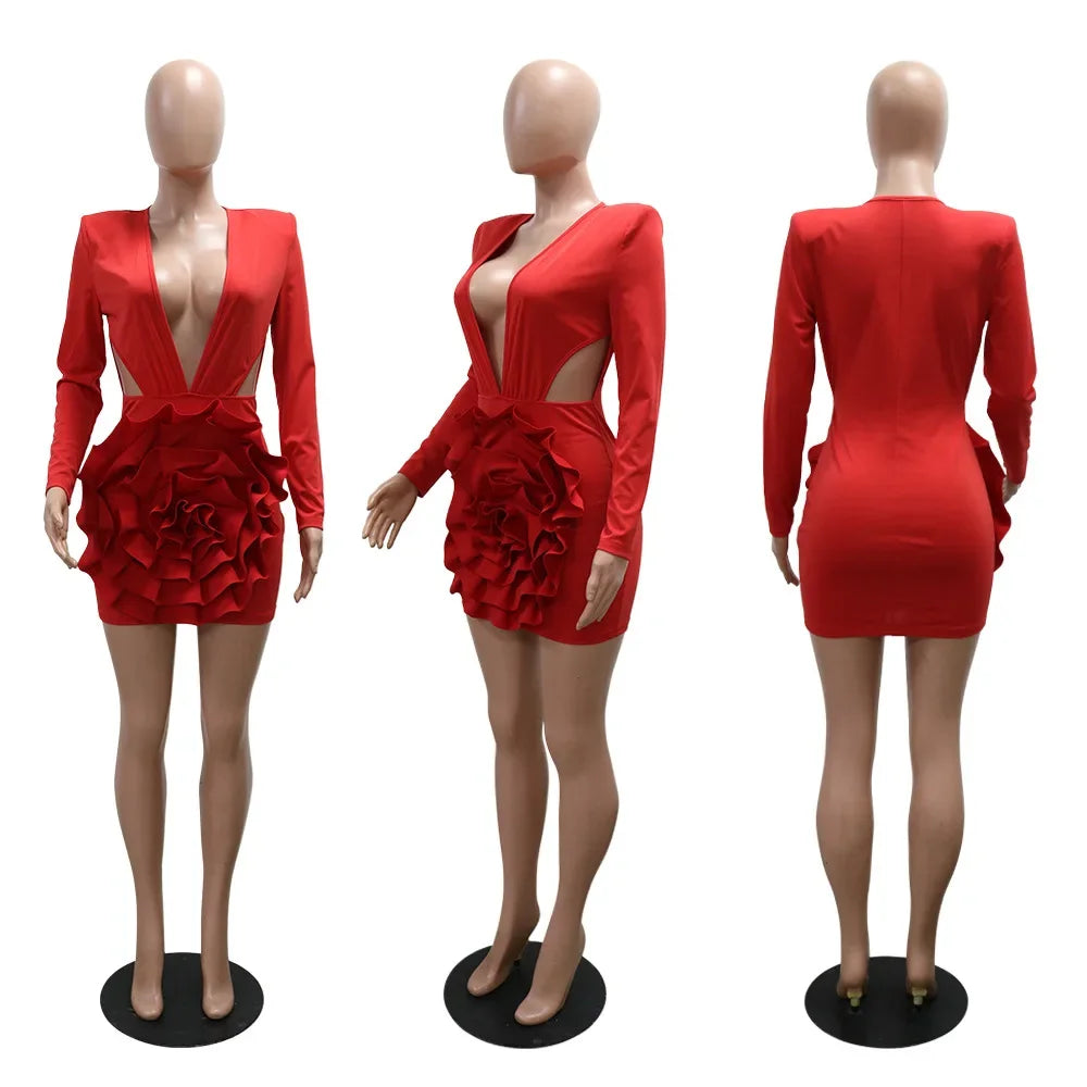 NEW Arrivals S-2XL UK Size Red/White Women Sexy Rose Floral Applique Long Sleeve Bodycon Mini Midi Dress Winter V-Neck Evening Night Club Party Sexy Dresses