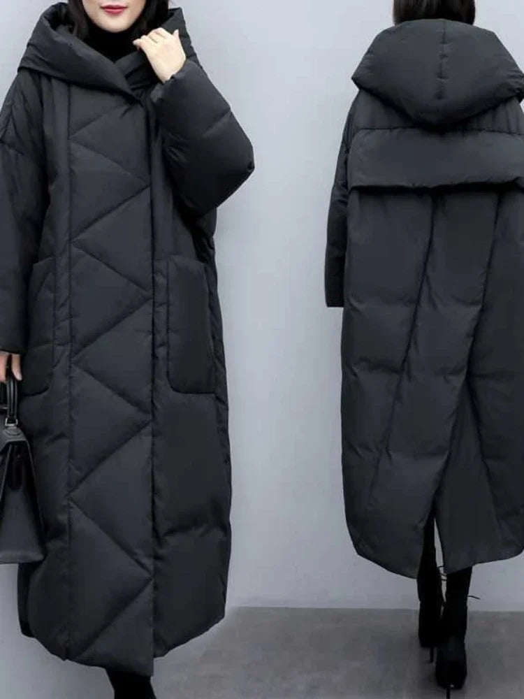 UK Size S(8)-3XL(20) Long Thick Parkas Zipper Hooded Spliced Jackets Women Maxi Warm Loose Coats Pockets Autumn Winter Y2K Coat Warm Parkas Coat