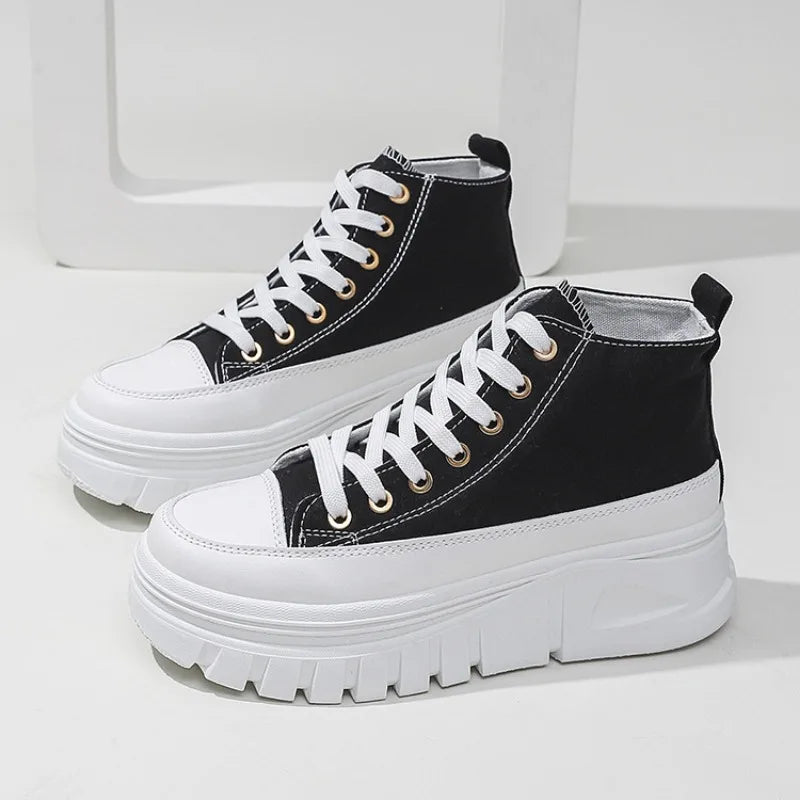 New Women Lace-Up Front High Top Platform Canvas Shoes Fashion Casual Comfortable Height Increasing Sneakers