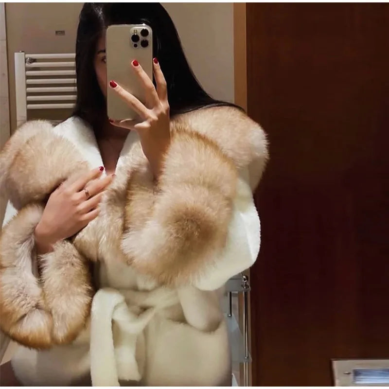 UK Size White/Gray/Brown/Black Color Hoody Mink  Fur Furry Coats Women Fashion Belt Long Sleeve Pocket Thicken Warm Jacket Autumn Winter Urban Lady Streetwear