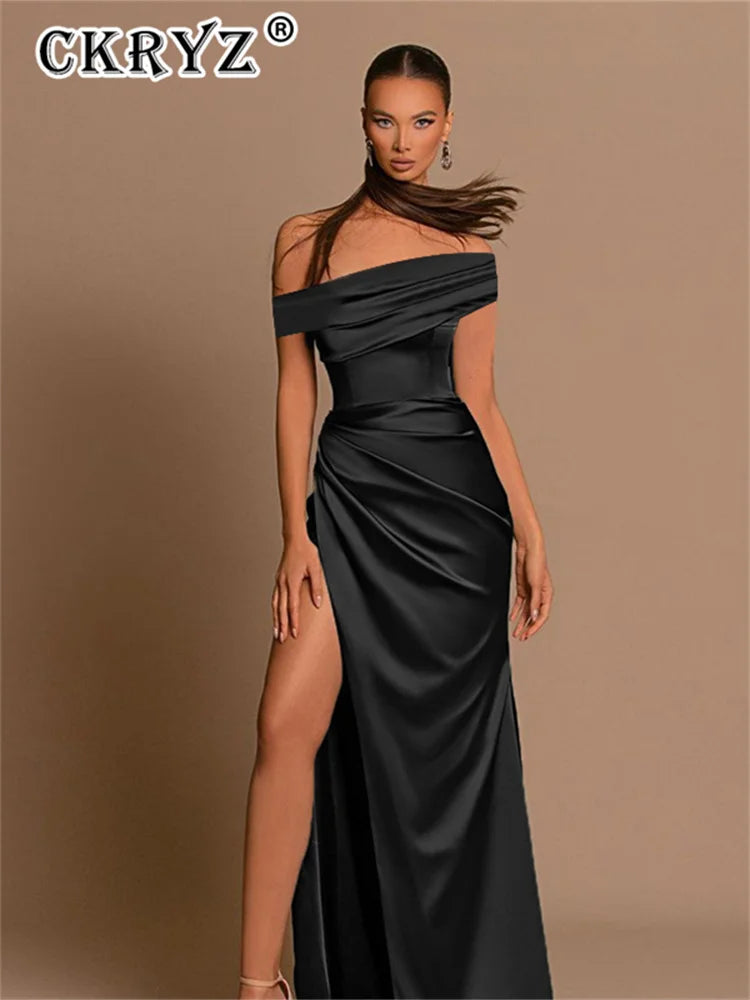 Low-Price Sales are Limited Luxurious Women Girls Autumn Italian Design Satin Ice Silk Elegant Evening Wedding Party Night Clubwear Business Dinner Outfits Sleeveless Backless Side Slit Ruched Maxi Dresses Ladies Luxury Fashi