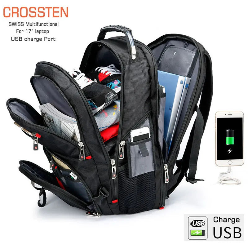 Swiss-Multifunctional Bags Durable 17 Inch Laptop Backpack,45L Travel Bag,College Book Bag,USB Charging Port,Water Resistant