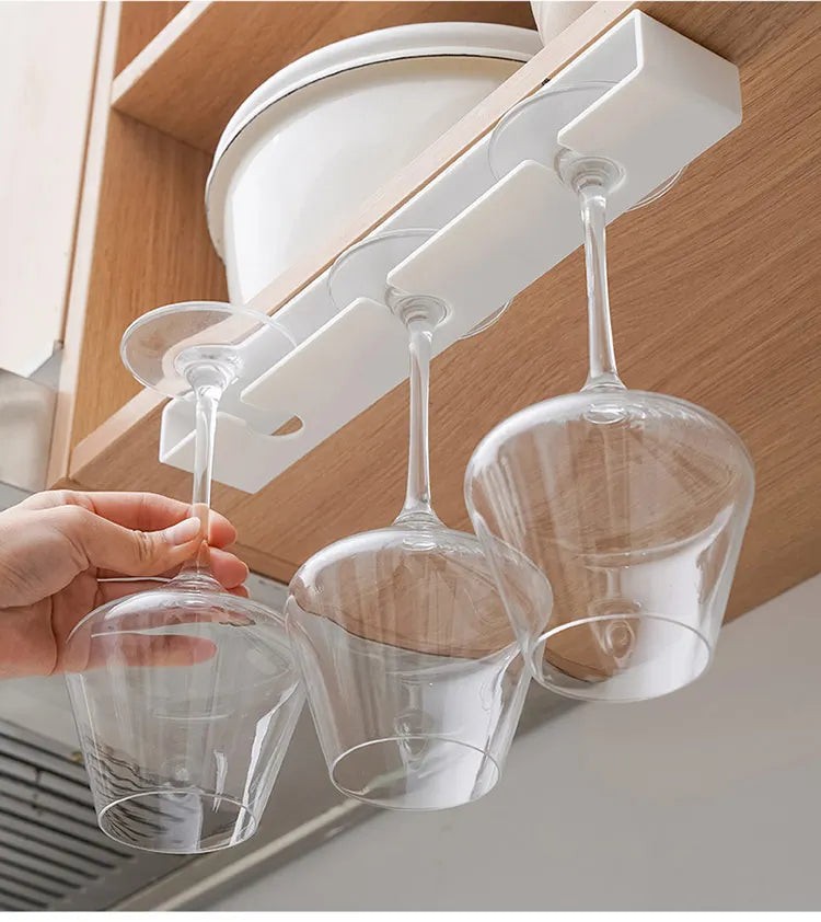 2 PCS Set Black/White Color Wine Glass Holder Hanging Wine Glass Holder Under Shelf Plastic Stemware Rack Glassware Drying Storage Hanger For Kitchen Bar