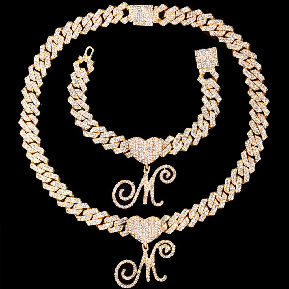 2 PCS Set New Fashion A-Z Initial Cursive Letter Luxury Rhinestones Pendant Cuban Necklace for Women Iced Out Cuban Link Chain Necklace Set Jewelry