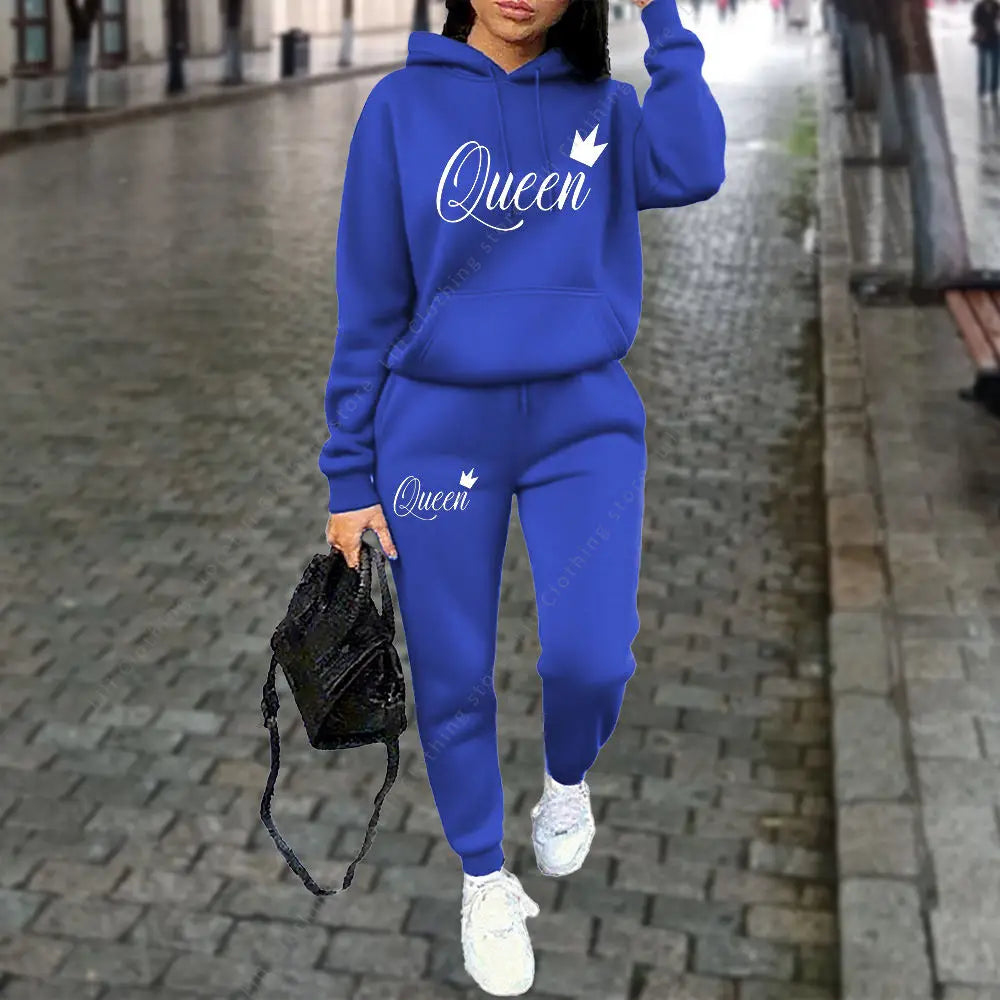 NEW 2PCS Set S-3XL UK Plus Size 10 Colors Queen Letter Graphic Women's Sets Hoodies Pants Suit Autumn Winter Sports Jogging High quality Aesthetic Tracksuit