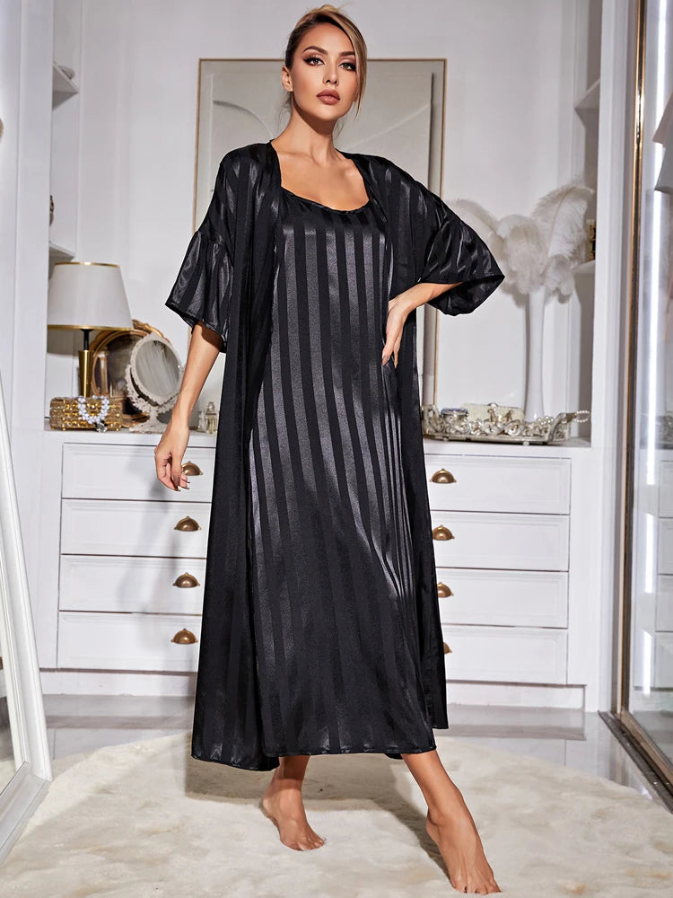 Women's Pajamas Robe Set Sexy Sling Sleepwear Dress Silk Like Homewear Luxury Strip Print Bathrobe 2pcs Suit Home Clothes Femme