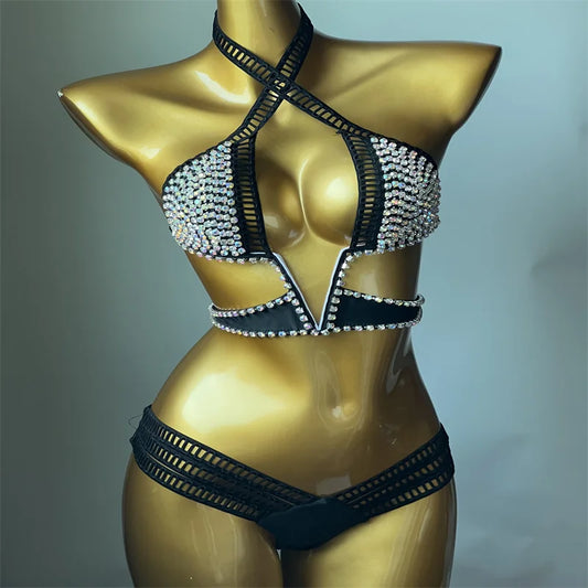 NEW Arrivals Luxury V-Shaped Handmade Pure Color Diamond inlaid Triangle Bikini  Hollow Italian Design High Quality Diamond Bikini Girls Ladies Sexy Beach Wear