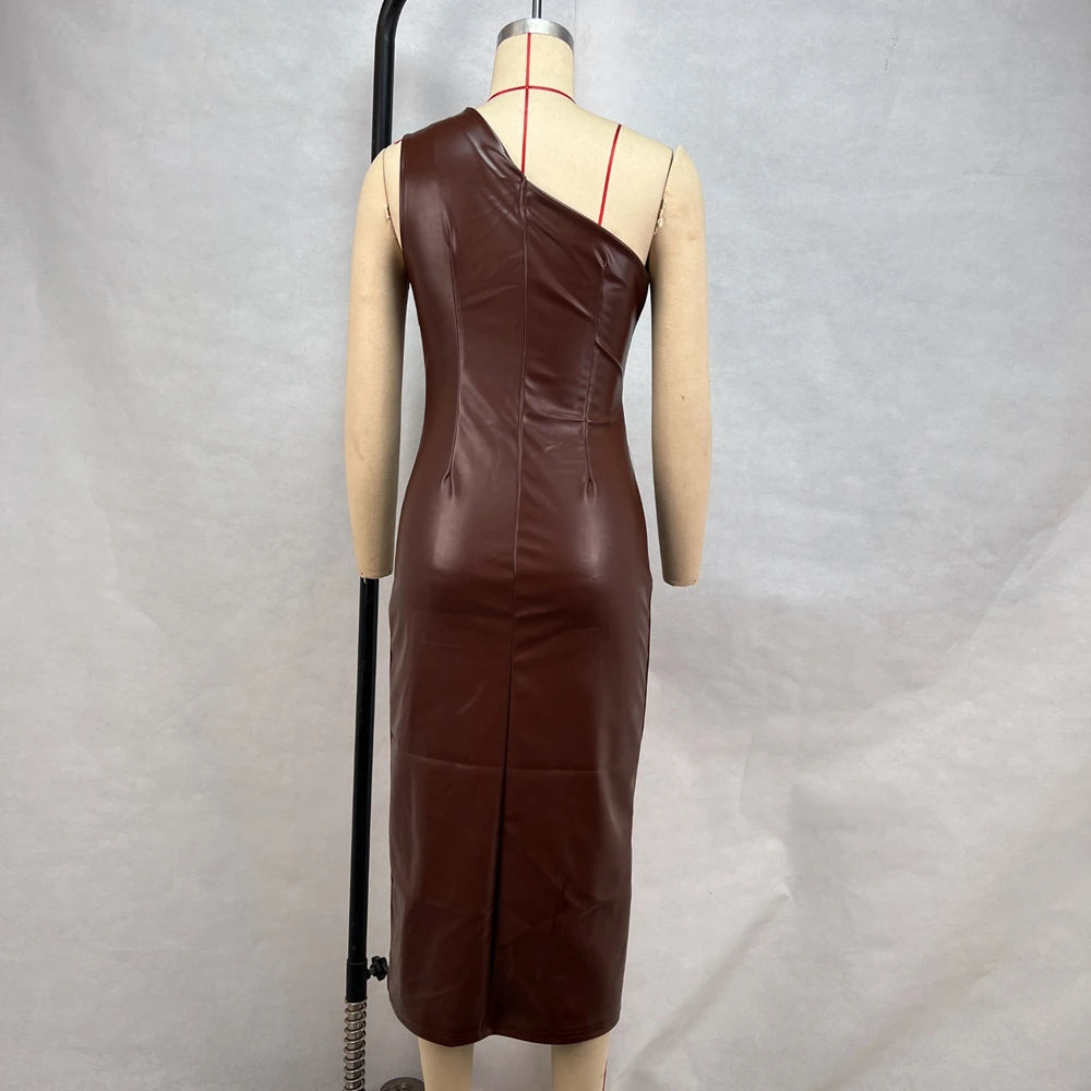 NEW Arrivals UK Size Dark Brown Luxury EU And US Style Fashionable PU Leather Solid Color Chest Wrapped Sloping Shoulder Slim Fit Side Zipper Long Dress Evening Party Night Clubwear