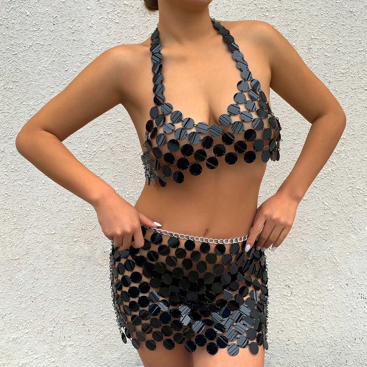 NEW Arrivals Black/Silver/Gold 2PCS Set Sexy Acrylic  Sequin Chest Bra Chain Dress Nightclub Party Show Festival Outfit Dance Costume Stage Wear Body Jewelry
