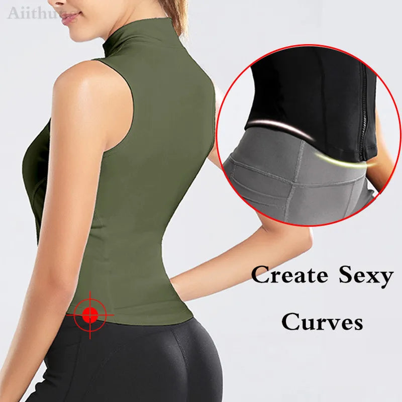 Athletic Zip Up Sweat Vest Jacket Sleeveless Running Yoga Tops High Neck Shirts Sports Top Fitness Women Workout Tops