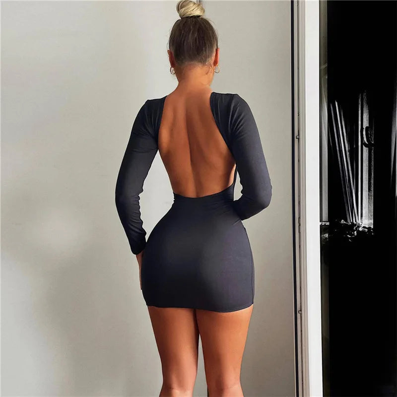 NEW Arrivals Khaki/Black Autumn Fashion Sexy Open Back Solid Slinky Female Mini Dress Evening Night Club Party Outfits Long Sleeve Round Neck Bodycon Dresses Ladies Girls Sexy Fashion Clothing Supplies