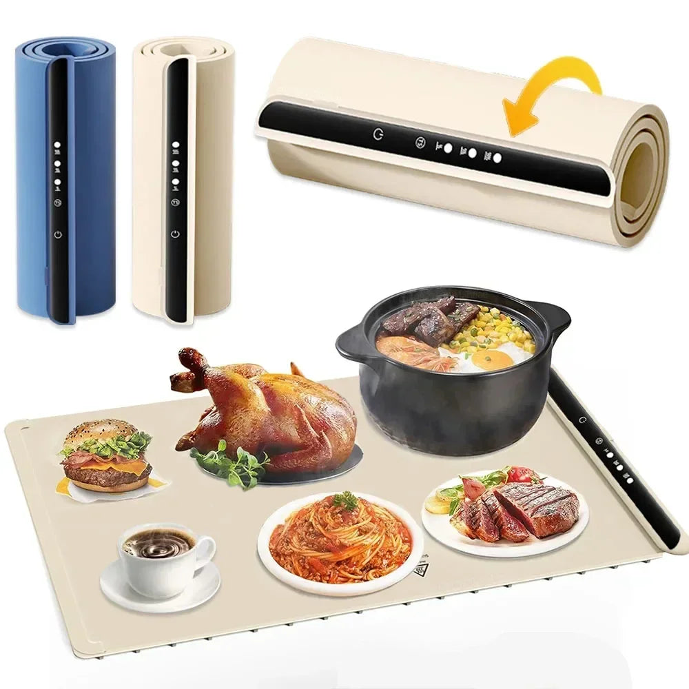 NEW Arrivals 43CM-67CM Electric Warming Tray Food Warmer EU Plug Mat Foldable Coffee Warming Pad for Food Portable Electric Warming Tray Silicone Warmer Plate Kitchen Accessories Home Supplies