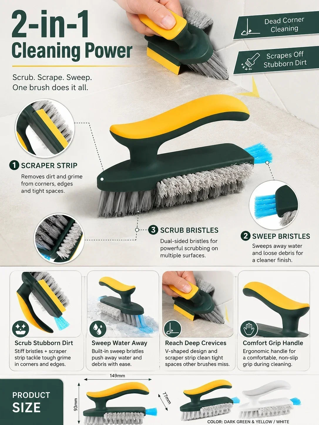 NEW 2 in 1 Hard Bristle Multi-Purpose Window Grooves Crevice Gap Scrubber Brush, Scraper for Tile Floors, Bathroom Corner Kitchen and Wall Gap Cleaning Tool