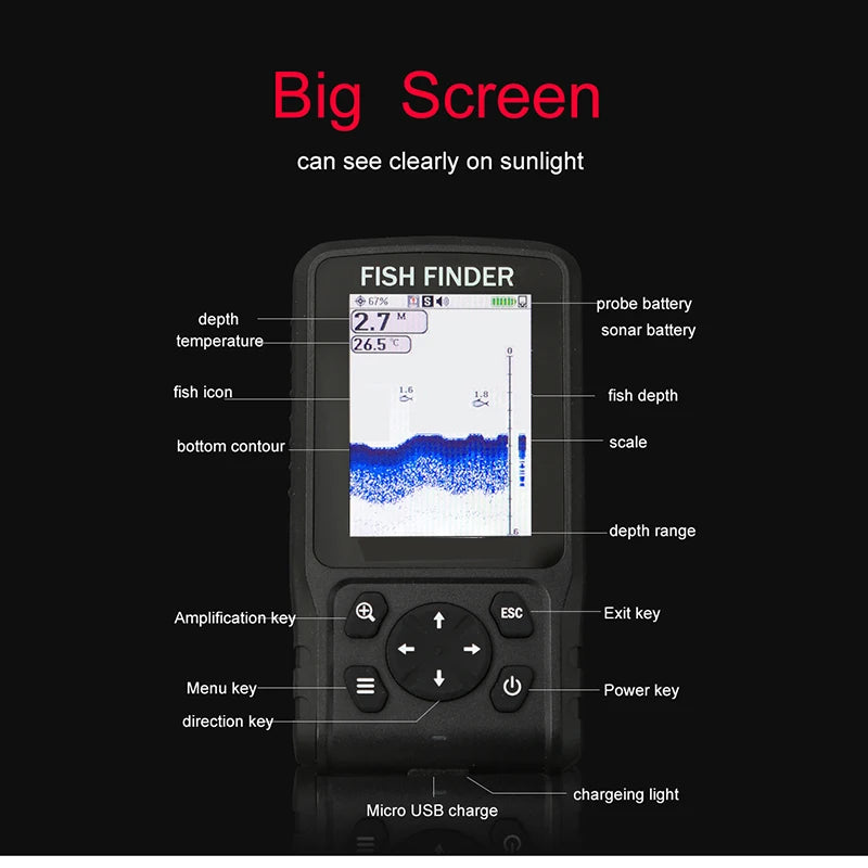 English Language 100-200meters Professional Wireless Sonar Fish Finder Dot Matrix Sonar Sensor Transducer Depth Echo Sounder  Recharged Battery Ocean Lake River Fishing Supplies