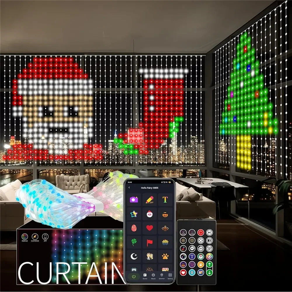 Ai Smart Window Curtain Lights 400LEDs Smart Curtain Lights DIY Text LED String RGB Waterproof Fairy Lights Music Sync Display for Window Bedroom Wedding Party Shops Night Clubs Decor