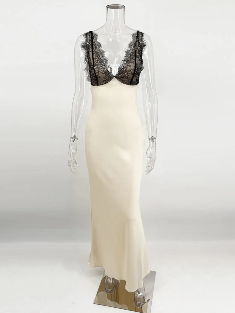 Just Arrived Black/White Color  Lace V-Neck Long Dress Women's Patchwork High Waist Slim Backless Summer 2026 New Dress Female Evening  Party Dress Gown