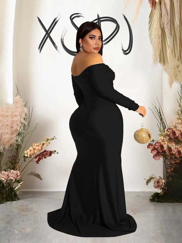 NEW Arrivals XL-4XL UK Size Green/Red/Black/Blue Curvy BBW Women Elegant Luxury Off The Shoulder Dress Strapless Long Sleeve Evening Party Wedding Birthday Dress Spring Plus Size Female Side Slit Dress