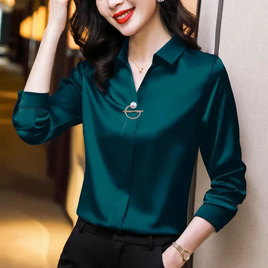 NEW Arrivals S-2XL UK Size White/Dark Green Color Elegant Women Chiffon Blouse New Temperament Turndown Collar Office Lady Shirt Streetwear Casual Solid Color Tops Clothing