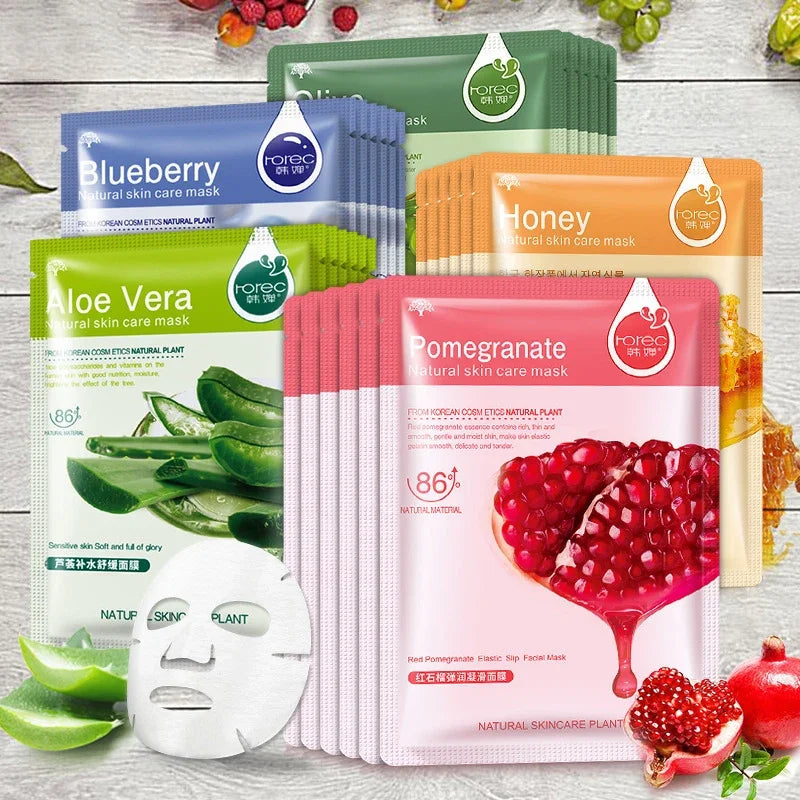 NEW Arrivals 20PCS Set 7 Natural Fruit Patterns Natural Plant Facial Mask Moisturizing Oil Control Anti-Aging Fruit Aloe Korean Hyaluronic Acid Sheets Face Mask Beauty Skin Care Products