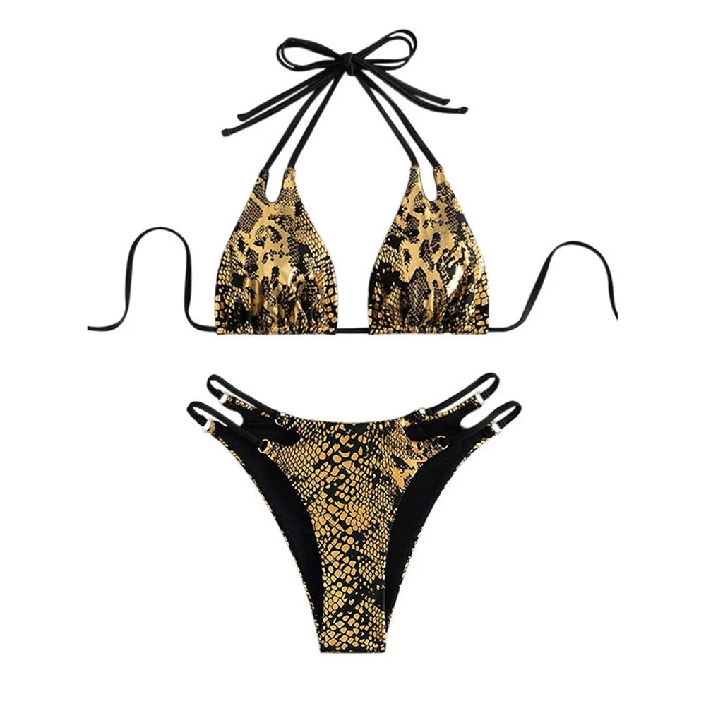 Black Gold Snakeskin Bikini Metallic Bronzing Goth Swimsuit Push Up Backless Extreme String Swimwear Thongs Women Beach Bathing Suit Ladies Summer Beach Vacation Outfits