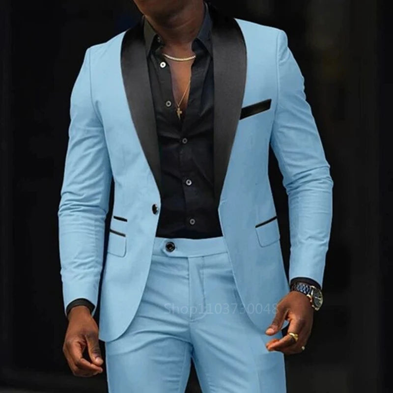 NEW Arrivals 2PCS Set S-6XL Plus Size 7 Colors Casual Men Wedding Suits Solid Slim Fit Shawl Lapel Blazer Pant Designs Evening Party Prom Suits Best Man Business Wear Suit Men Luxury Fashion Clothing Supplies