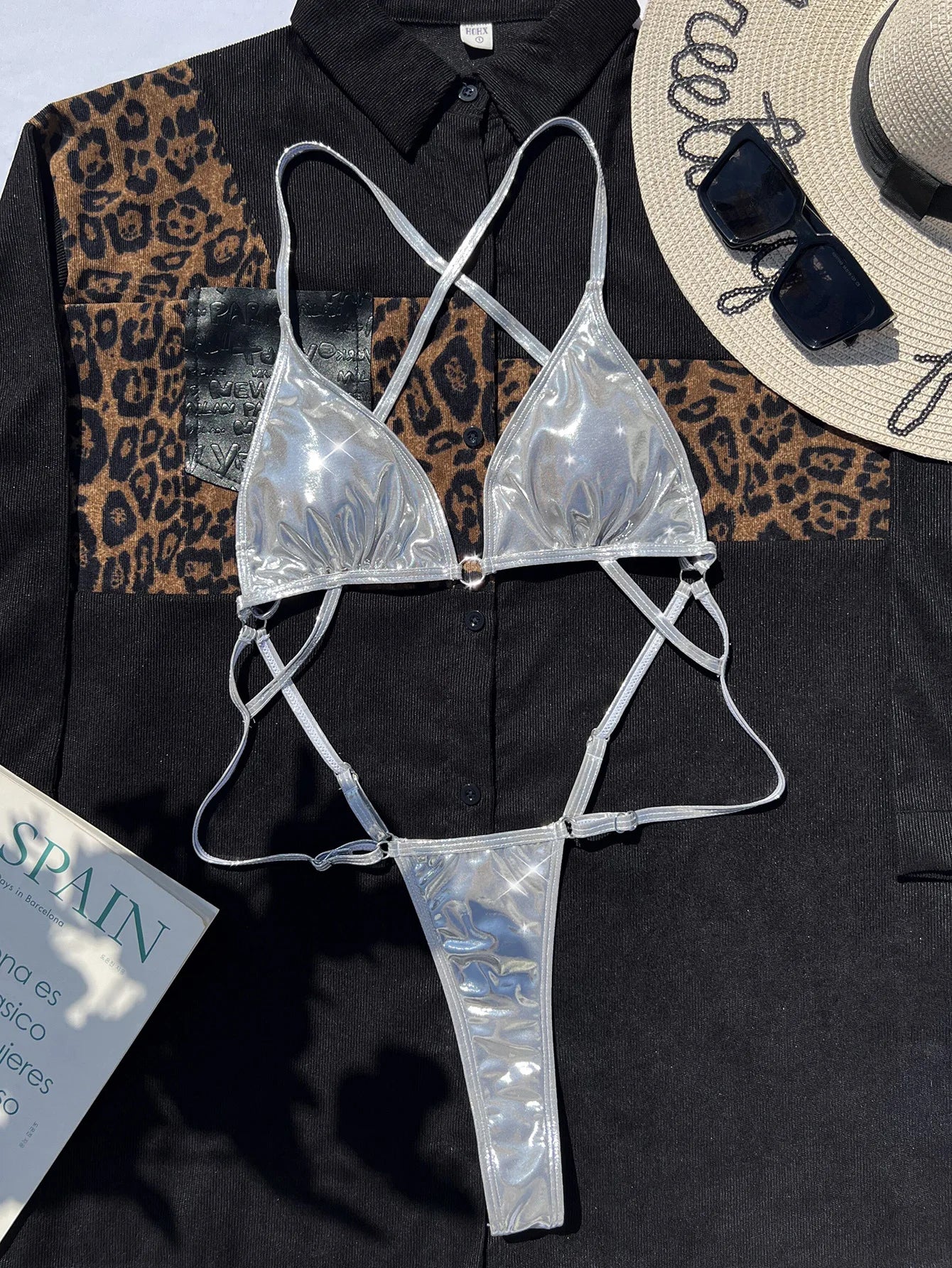 Sexy Glitter Swimsuit Women Shiny Silver Hollow Out Backless Thong Bikini Brazilian Bathing Suit Bandage One Piece Swimwear