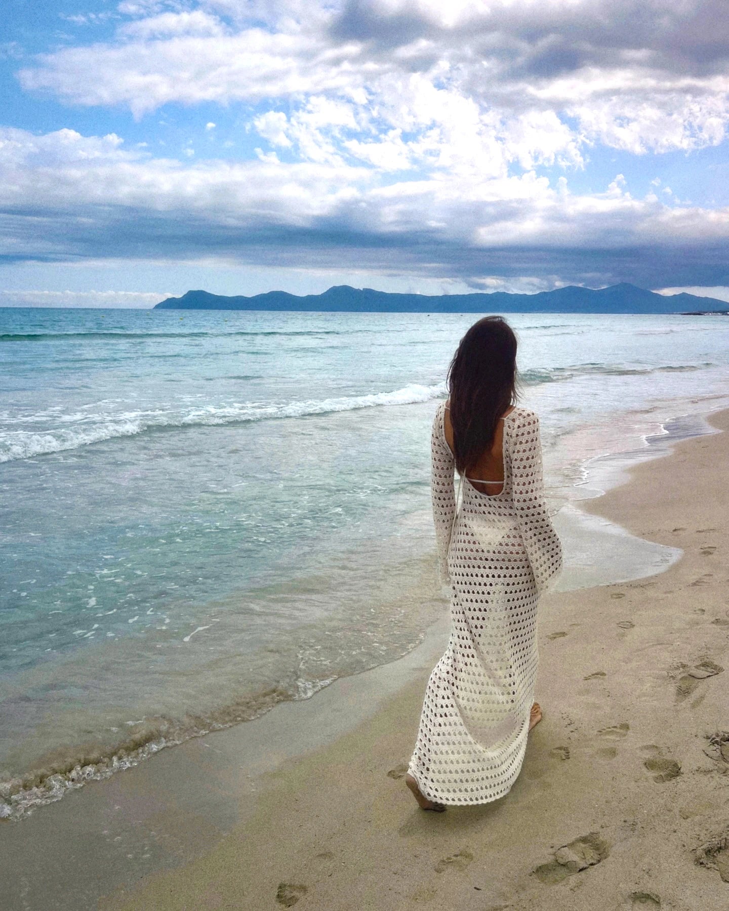 NEW Sexy Handmade Beige Knit Mesh Backless Long Bell Sleeve Beach Maxi Dress Women's Summer Slim Outfits Vacation Swimsuit Cover Up Tunic K205