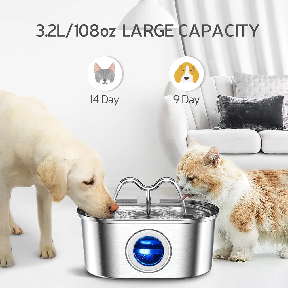 1080Z/3.2L Cat Water Stainless Steel Pets Dispenser With LED Light Silent Pump Automatic Fountain For Cat Dog Drinking Bowl