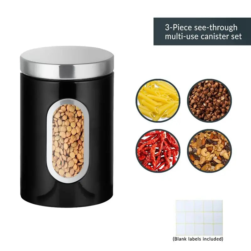 AB46-3 PCS Set Kitchen Canister Set With Secure Lids & Viewing Window Black Suitable For Sugar, Tea, Coffee, -Multi Food Storage Jar Kitchenware  Accessories Cooking Preparing Tools