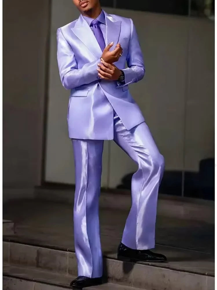 8 Colors 2 PCS Set S-7XL Extra Plus Size Luxury Men‘s Satin Suit Peak Lapel Slim Fit Tuxedo Jacket Straight Leg Pants Formal Outfit Wedding Prom Party Groom.