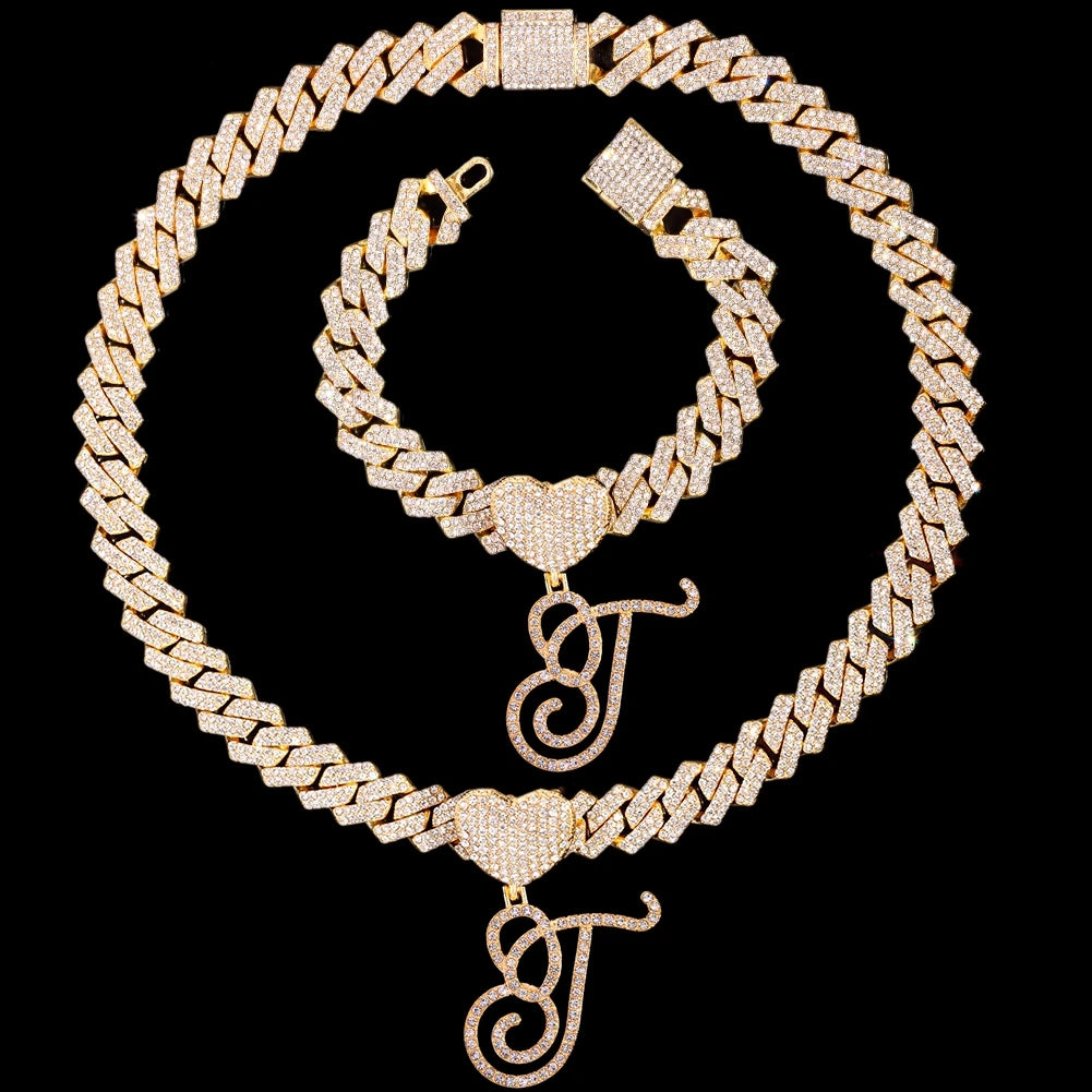 2 PCS Set New Fashion A-Z Initial Cursive Letter Luxury Rhinestones Pendant Cuban Necklace for Women Iced Out Cuban Link Chain Necklace Set Jewelry