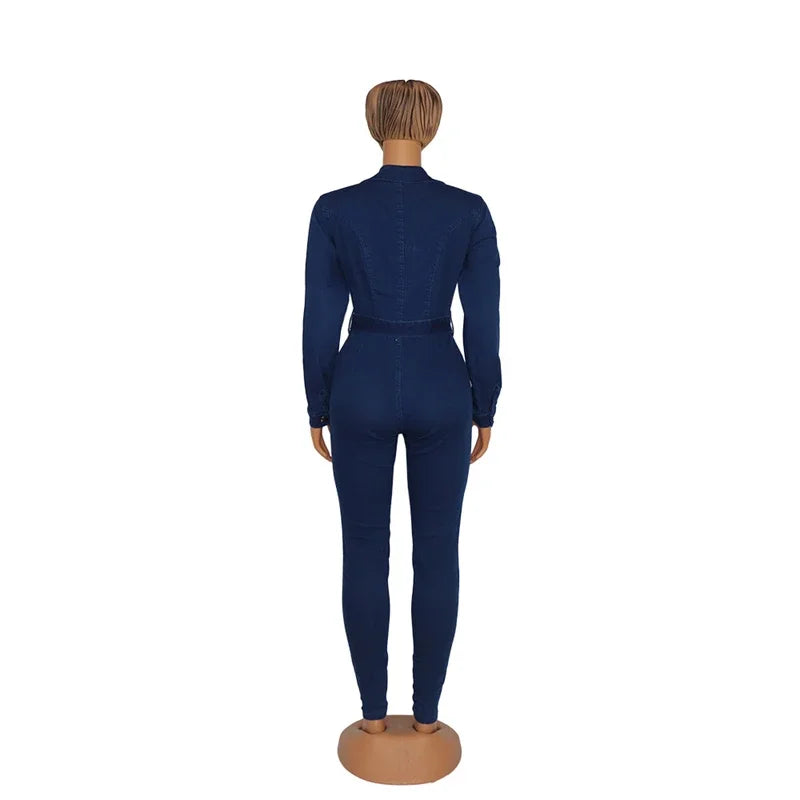 Streetwear Denim Jumpsuits for Women Spring Y2K Clothing Full Sleeve Bodycon Jean Rompers Playsuits One Pieces Overalls Outfits
